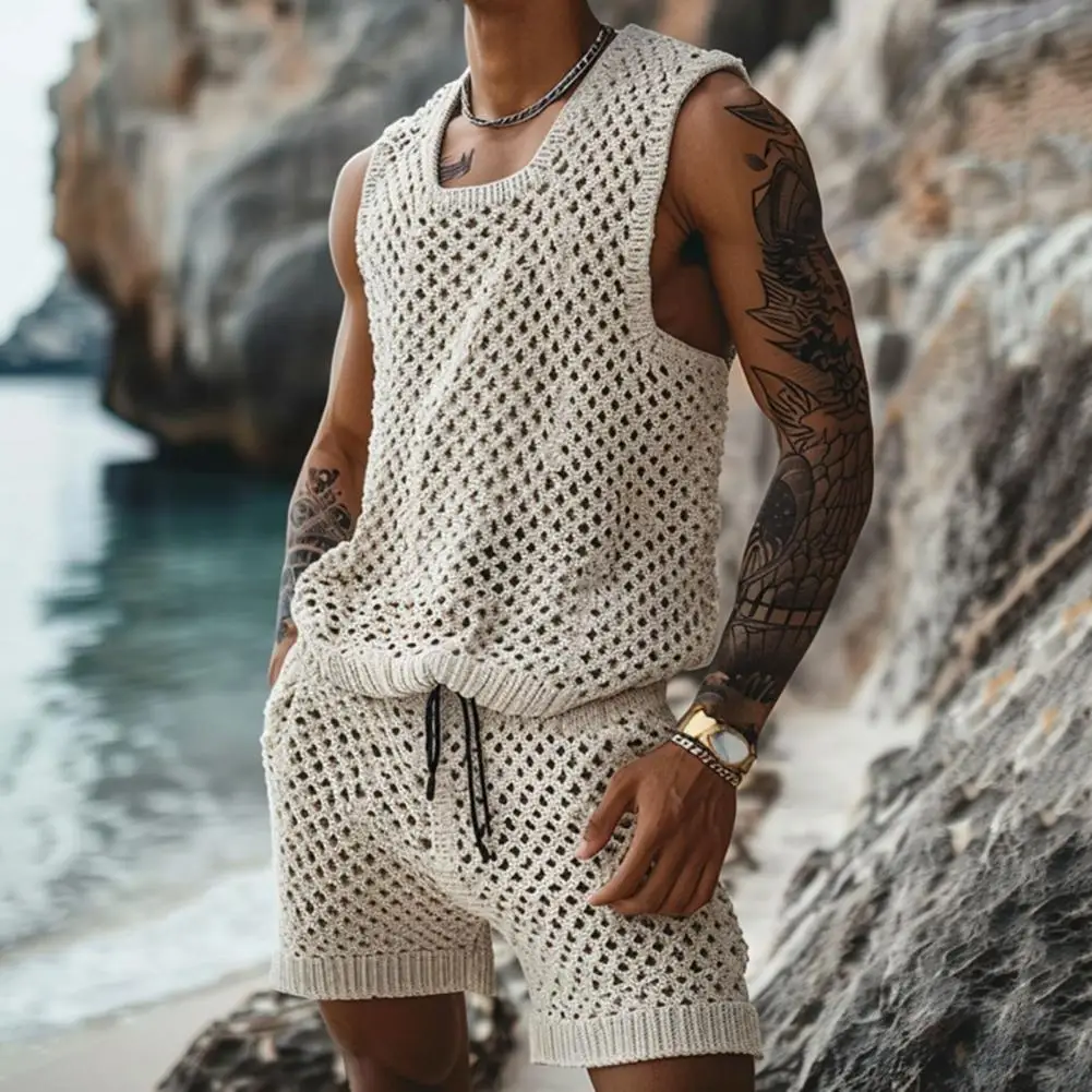 Single-breasted Short-sleeved Shirt Men's Casual Sleeveless Knit Top Drawstring Shorts Set Men's Short-sleeved Shirt for Daily