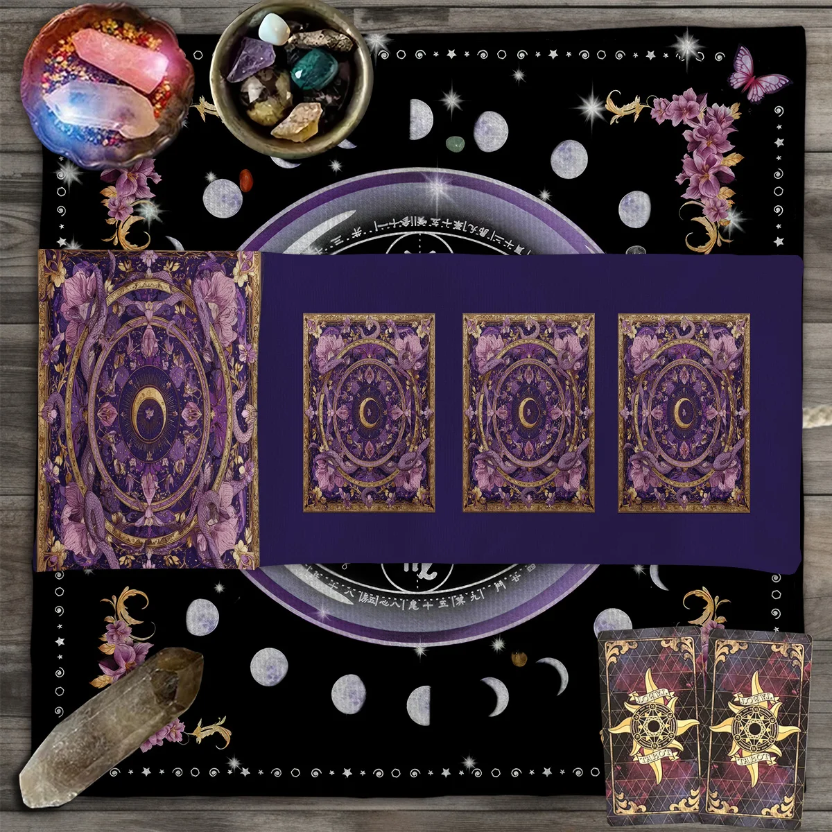 Golden Crescent Tarotkarten Aufbewahrungstasche Lila Blume Tarot Aufbewahrungstasche Schlange Goldmuster Wahrsagerei Tasche