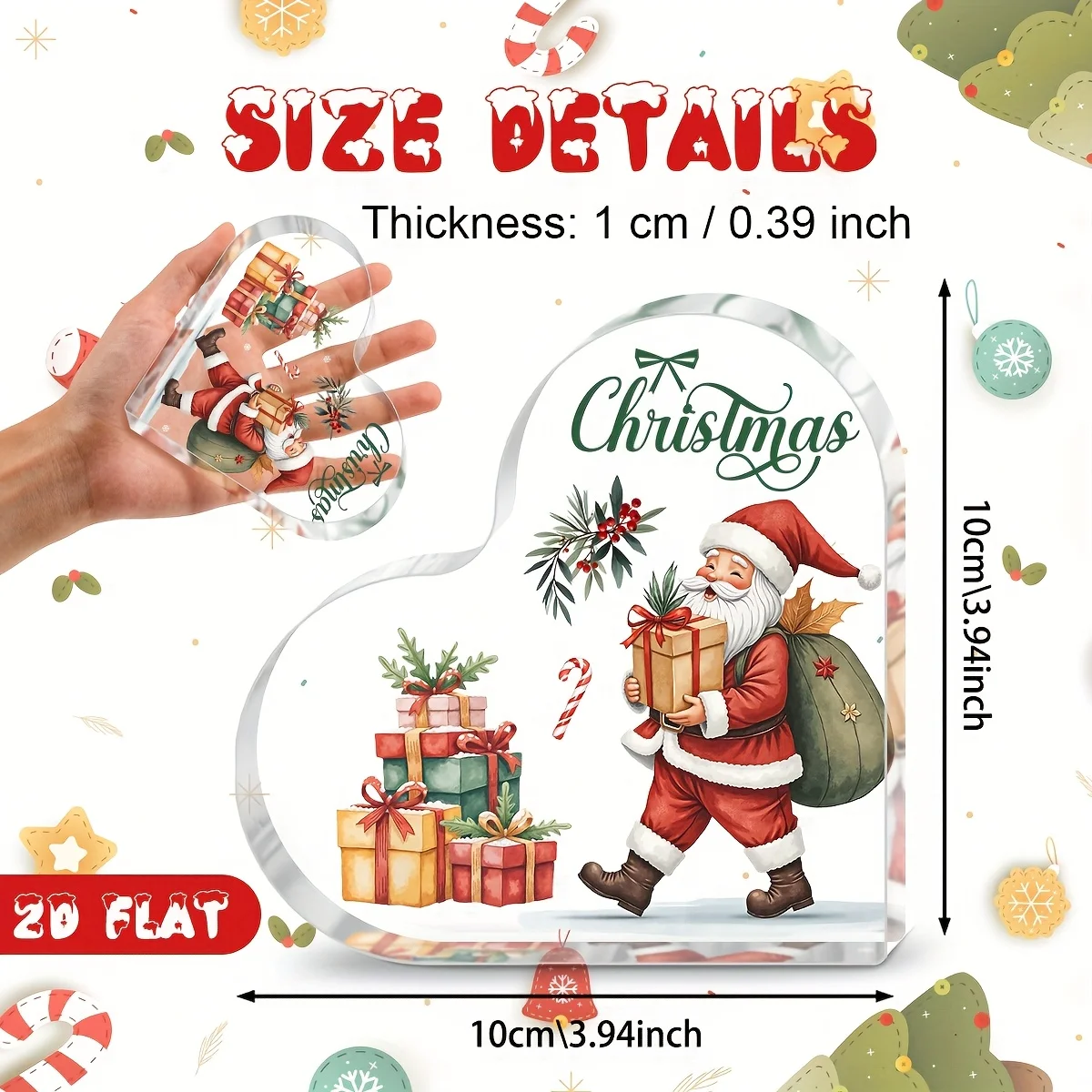 Christmas Santa With Gift Boxes Heart‑Shaped Clear Acrylic Plaque 10cm 2D Flat Candy Cane Holly Tabletop Keepsake Ornament Desk Shelf Xmas Holiday Home Decor Gift