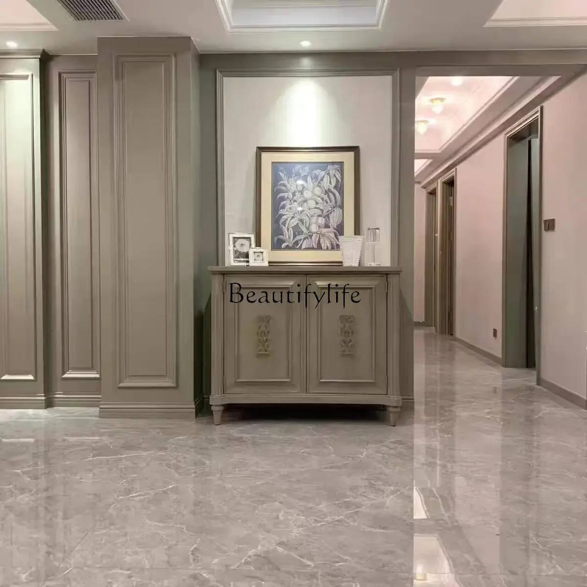 

09 American solid wood dining side cabinet living room light high-end door cabinet French