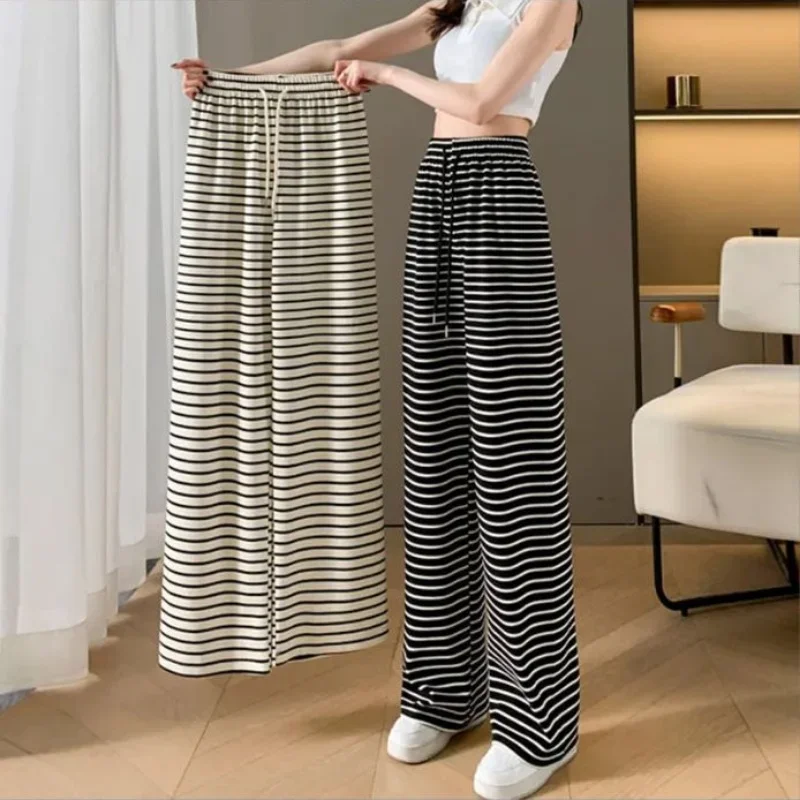 Fashion Straight Leg Trousers Summer Ice Silk Stripe Straight Pants for Women Mid Waist Casual Pants Girls Loose Wide Leg Pants