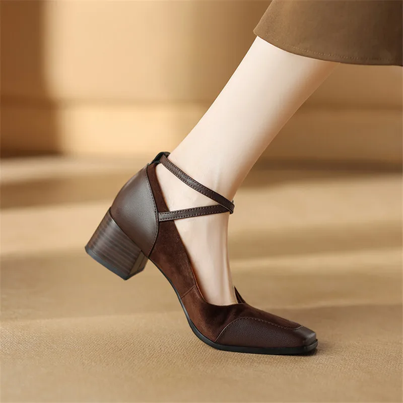 2024 Spring Sheep Suede Women Shoes Square Toe Retro Chunky Heel Women Pumps Mary Jane Shoes for Women Commuter Ladies Shoes