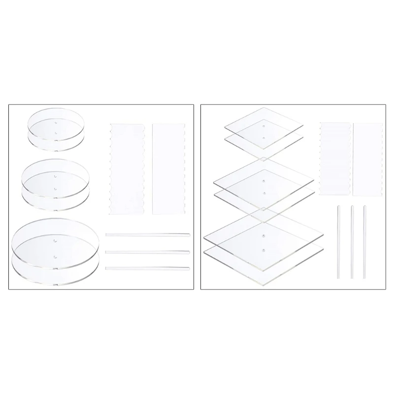 11 Pieces Acrylic Round/Square Cake Disk Set Circle Base Boards with Center Hole Pillar Comb Scrapers Dowel Rod Butter Cream