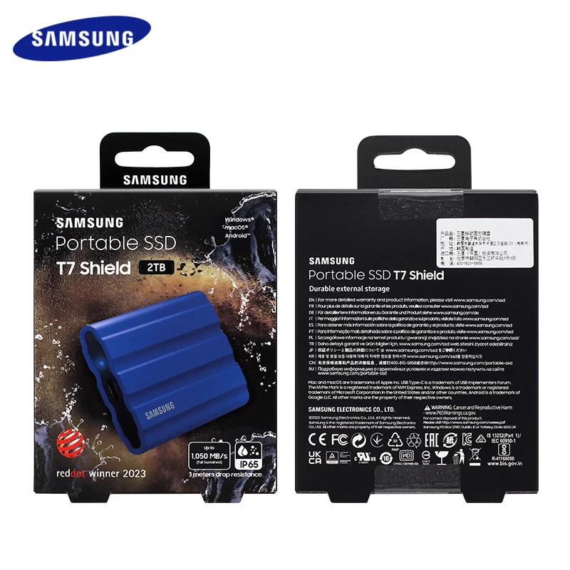 Samsung T7 Shield Nvme Snelheidsovertredingen 1050 Mb/s Usb 3.2 Type-C 1Tb 2Tb Draagbare Solid State Drive Blauw Wit Ssd Ip65 Encryptie Pssd