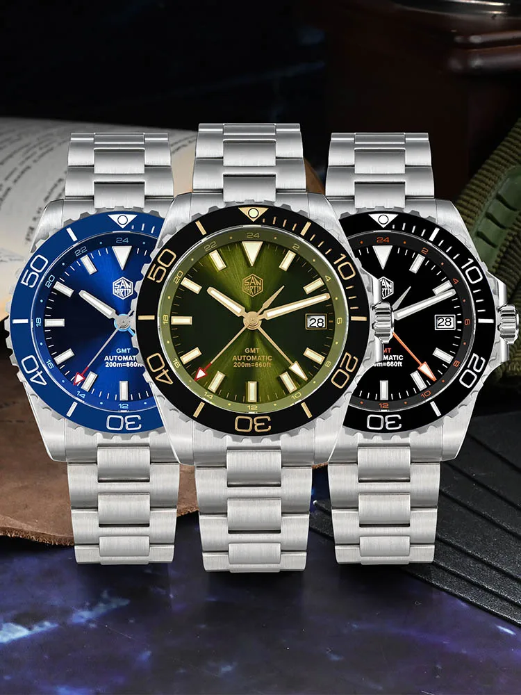 San Martin 39mm Diver GMT Watch Enamel Dial NH34 Stainless Steel Luxury Men Watch Automatic Mechanical Sapphire Luminous SN0136
