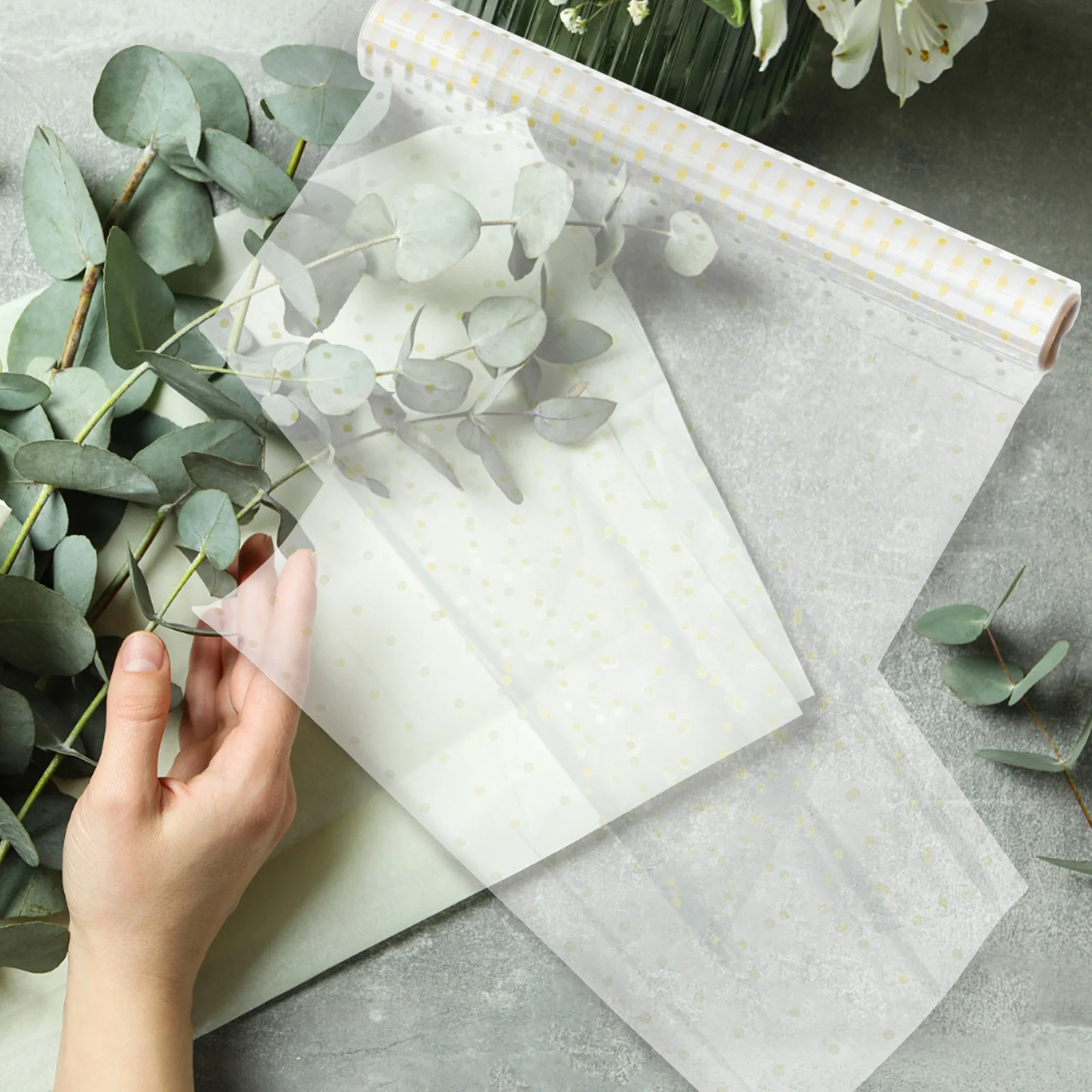 

Transparent Glass Paper 40mmx30m Gold Dots Dust Proof Flower Art Paper Waterproof Gift Wrapping Film DIY Packaging Rose
