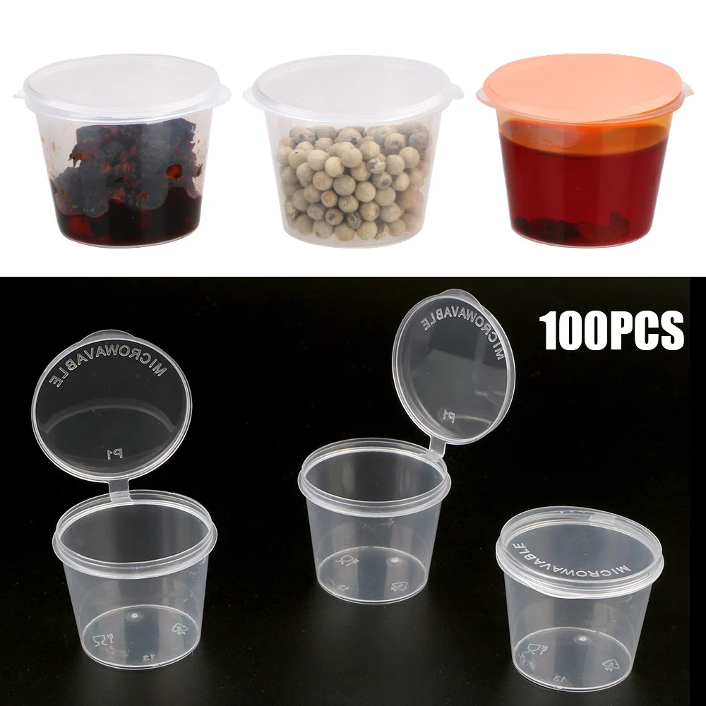 Plastic Clear Food Small Sauce Container Box Disposable Sauce Pot 100Pcs With Lids Kitchen Organizer Chutney Chili Sauce Cups