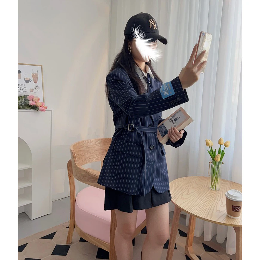 

Ele Briti Sle Women's Suit with Bae Embroidery And Belt Vertical Stripes Spring Faion Ladies' Premium Clothing