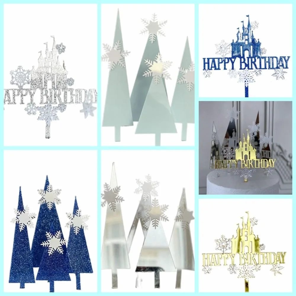 Snow Castle Cake Topper Acrylic Frozen Princess Happy Birthday Flags For Girls Childs Cartoon  baking Cake Decoration