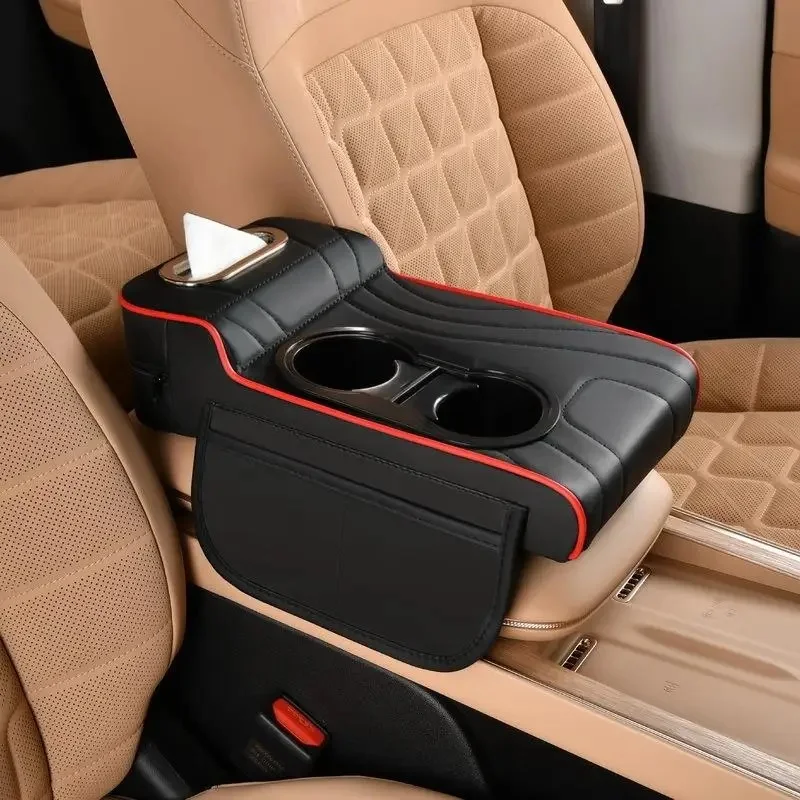 Reposabrazos para Auto con Diseño Bajo en la Parte Delantera y Alto en la Parte Trasera, Almohadilla para Consola Central con Caja para Pañuelos, Bolsillos Laterales Dobles, Accesorio de Almacenamiento Portátil, Incluye un Paquete de Pañuelos