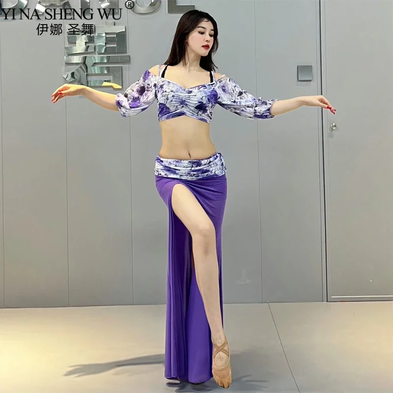 Belly Dance Practice Costume Suit Mesh Printing Half Sleeves Top long Skirt Headband 3pcs for Women Belly Dancing Training Suit