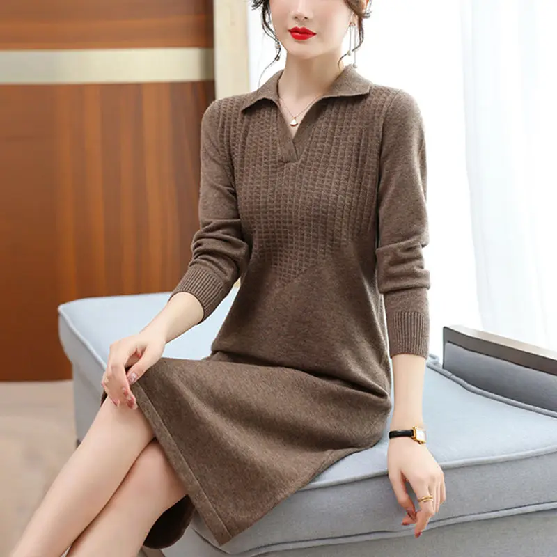 Elegant Lapel Loose Solid Color Knitted Ladies Dresses Women\'s Clothing 2023 Autumn Winter Oversized Office Lady Midi Dress