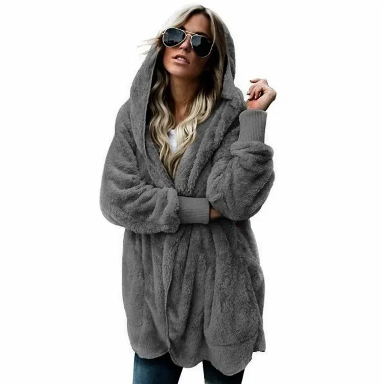 Winter Doppel Fleece Strickjacke Jacke Herbst Frauen Einfarbig Langarm Plüsch Warme Mit Kapuze Dame Jacke Übergroßen Oberbekleidung Mantel – Detail 4
