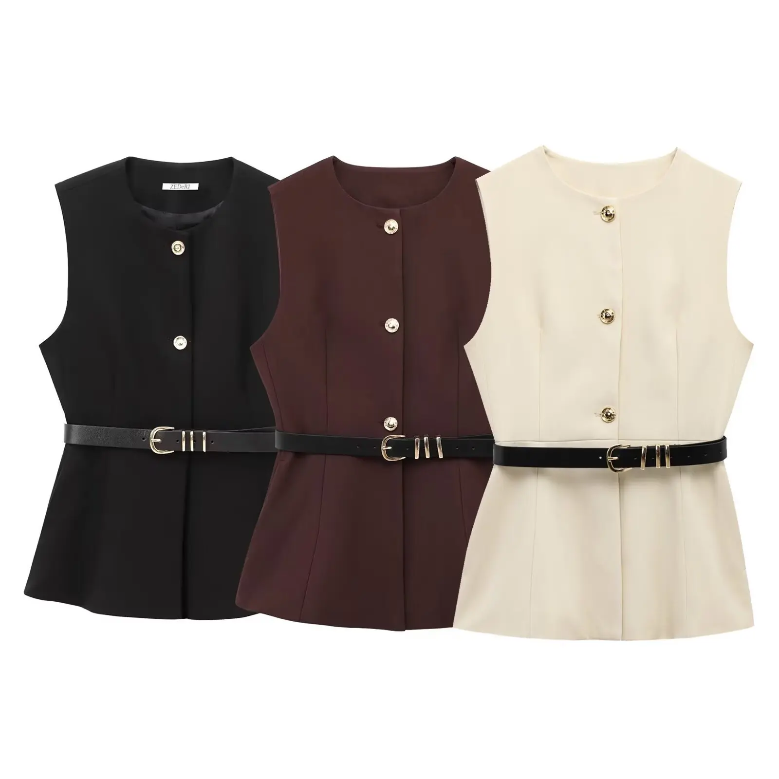 

Dames gilet met riem, gouden knoop aan de voorkant, mouwloos vest met O-hals, vrouwelijke bovenkleding, chique tops, mode