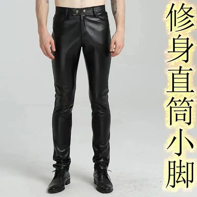 New  Hit The Sales of Europe and The United States Solid Color PU Stretch Casual Men Leather Pants Fashion Handsome Straight