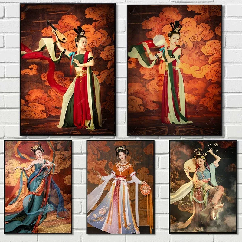 Traditional Chinese Vintage Tang Dynasty Court Princess Art Poster Prints For Home Decor Dunhuang Dress Canvas Painting Wall Art