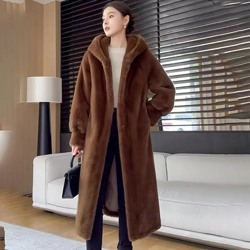 2026 Winter Fur Coat Special Clearance Women's Fur Imported Mink Coat Long Hooded Imitate Fur Coat Long Outcoat Brown