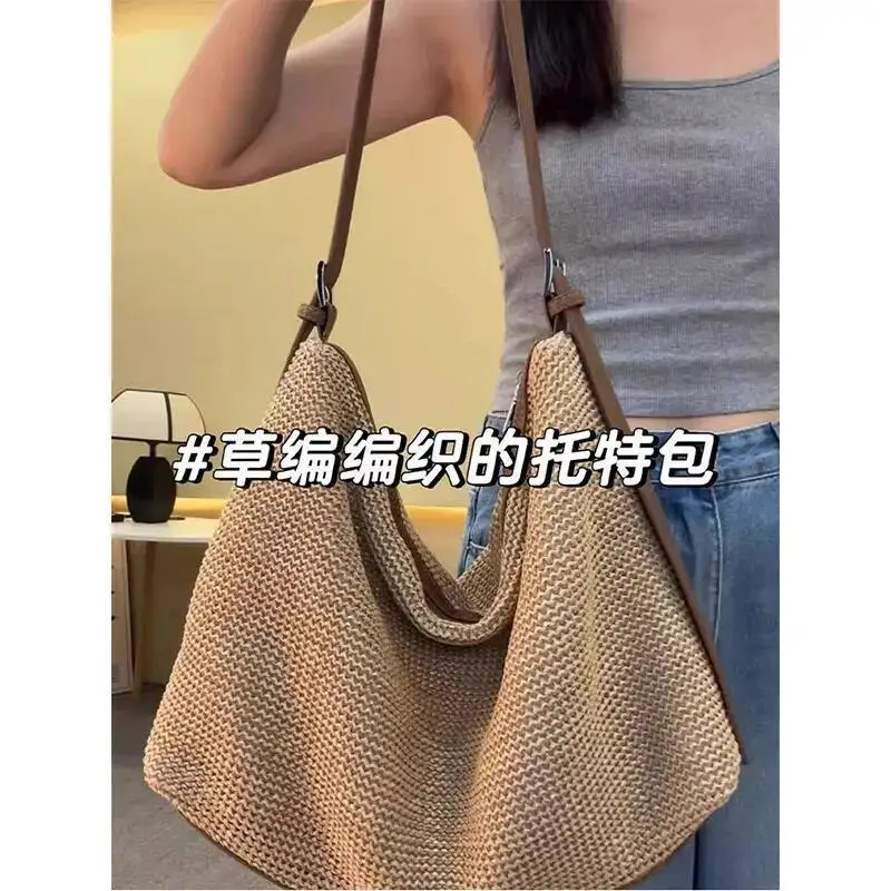 Bloom Vintage Brown Straw For Women 2025 New Vacation Zipper Woven Crossbody Bag Ladies Retro Large Capacity Handbag Y2k