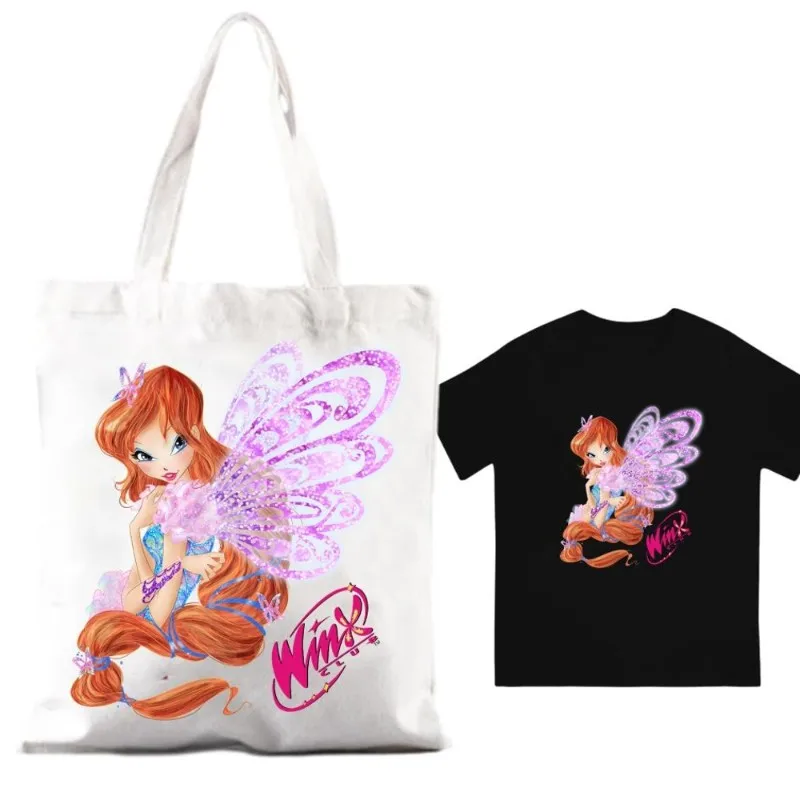 Cartoon C-Club Cute W-Winx Women Shoulder Bags Couple Combination Clothes Short Sleeve Collar Fashion T shirt Man Cotton