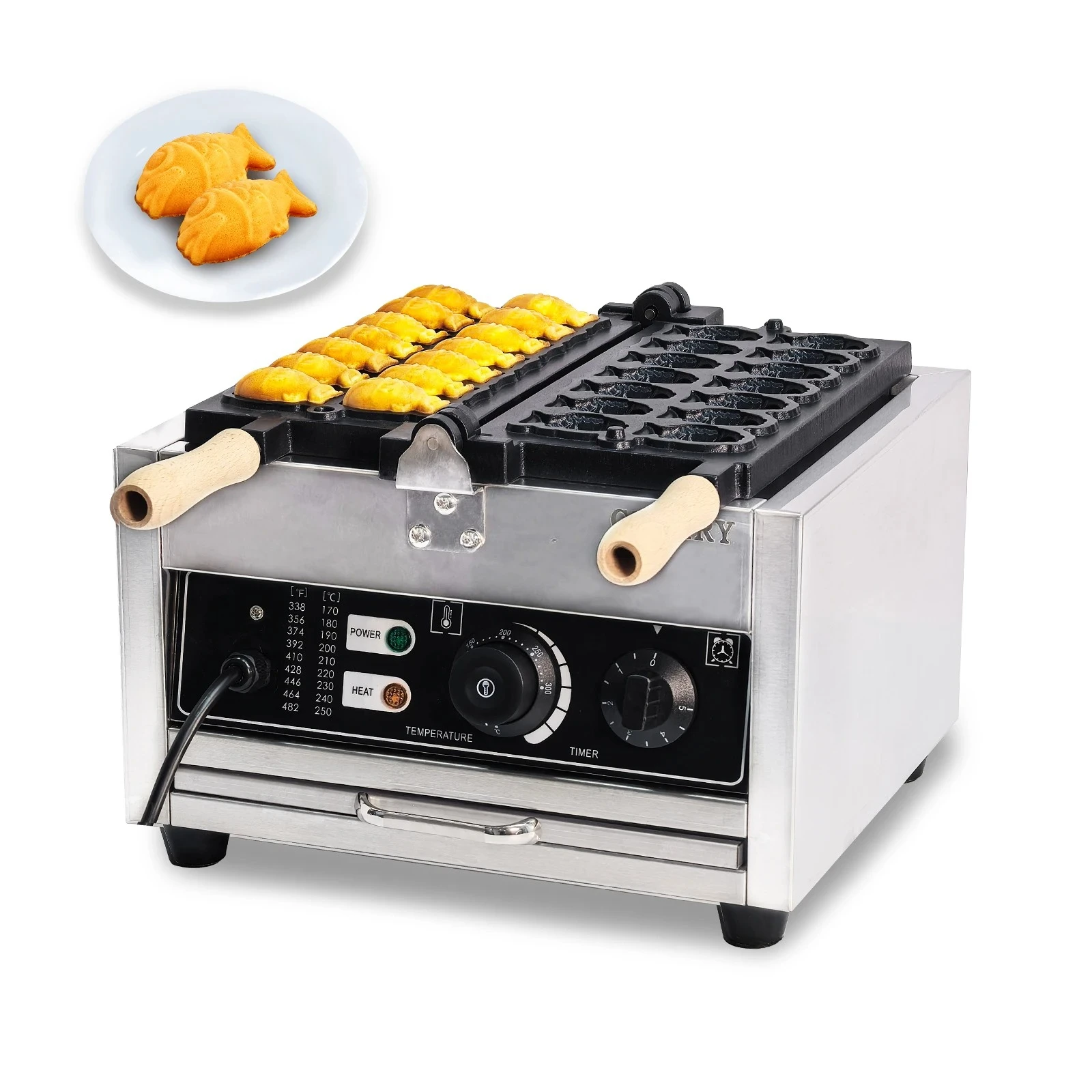 1400W Commercial Non-Stick Taiyaki Waffle Maker 14pcs Stainless Steel Fish Shaped Snack Machine