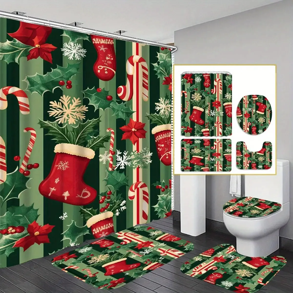 

Рождественский комплект занавесок для душа Candy Cane Snowflake с нескользящими ковриками и чехлом для унитаза, декор для ванной комнаты с отделением для сухого и влажного воздуха