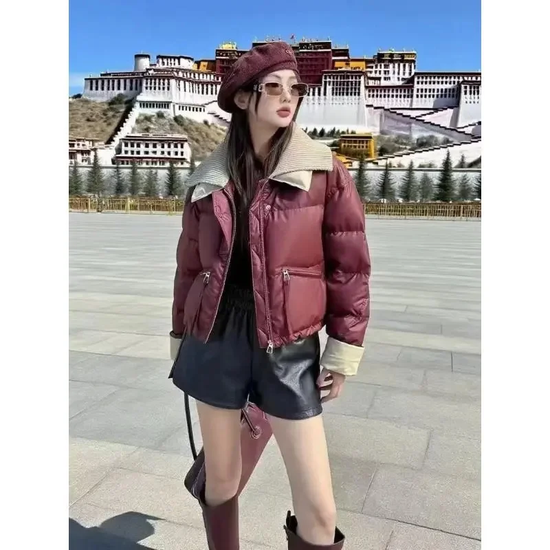 PU 따뜻한 면 패딩 여성 코트 파카 겨울 2025 신상 니트 라펠 가죽 재킷 숏 여성 아우터 패션 다운 재킷