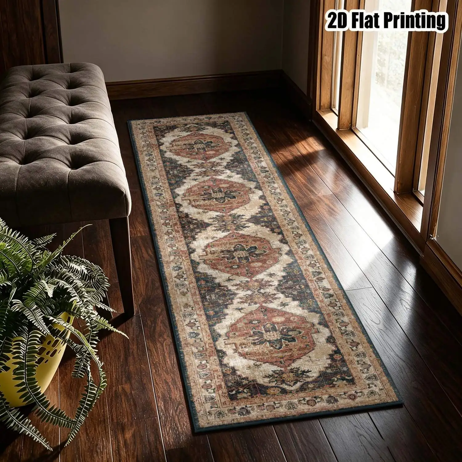 1Pc 2D Printed Retro Geometric Flower Long Strip Runner Carpet, Bohemian/European/Nordic Style, Machine Washable, Multi-Size, Ideal for Entrance, Hallway, Living Room, Bedroom Home Decor