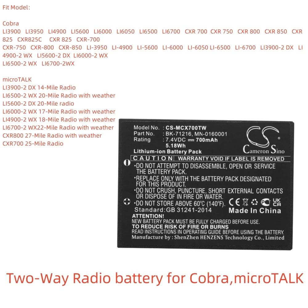 Li-ion Two-Way Radio battery forCobra,7.4v,700mAh,LI3900 LI3950 CXR 800 CXR 850 LI-4900 LI6000-2 WX 17-Mile Radio with weather