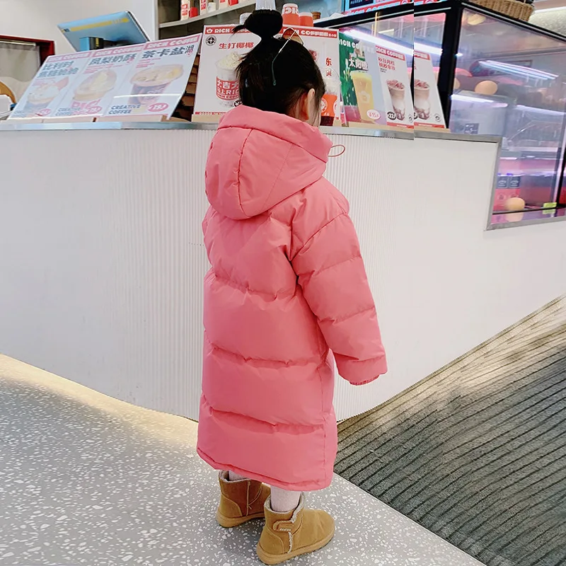 3-12 Years Winter Girls Down Jacket Long Style Solid Color Fashion Parka Coat Hooded Zipper Outerwear Birthday Gift Kids Clothes