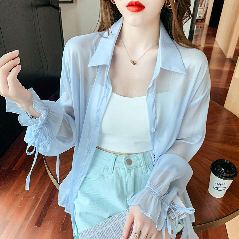 

Summer Autumn Fairy Elegant Fashion Long Sleeve Sunscreen Shirt Ladies Long Sleeve Sweet Casual Blouse Women Casual Buttons Top