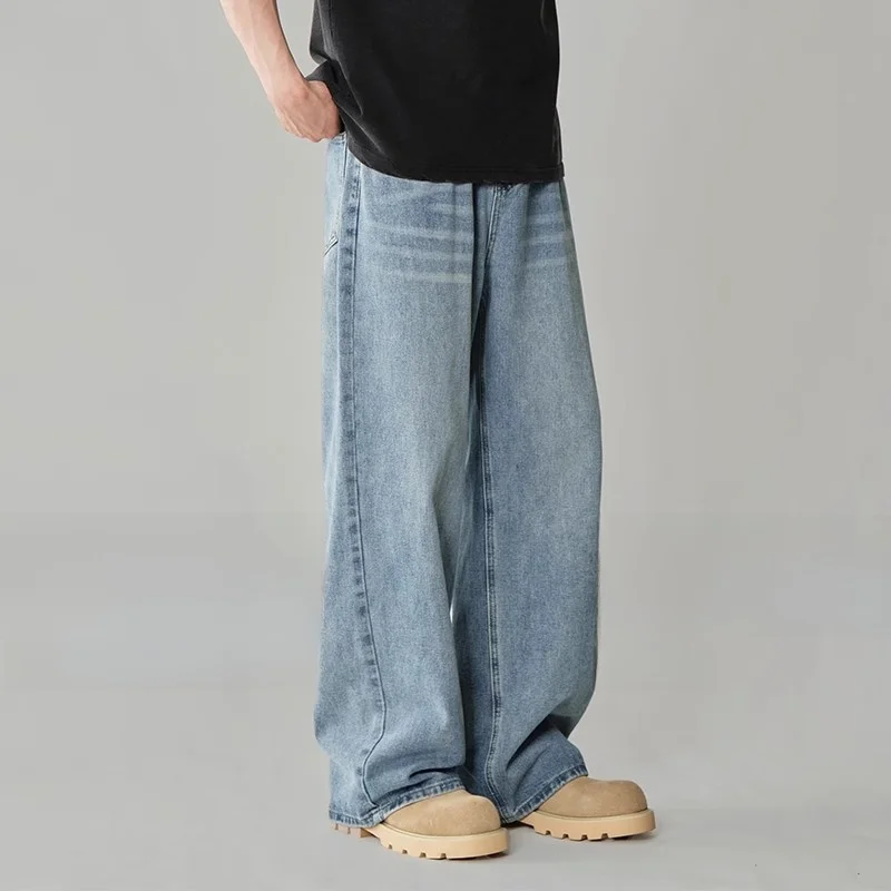 

Мужские джинсы в стиле ретро, свободные, прямые, со средней посадкой, длинные брюки, осень 2024, из полиэфирного волокна, повседневные, модные, широкие брюки