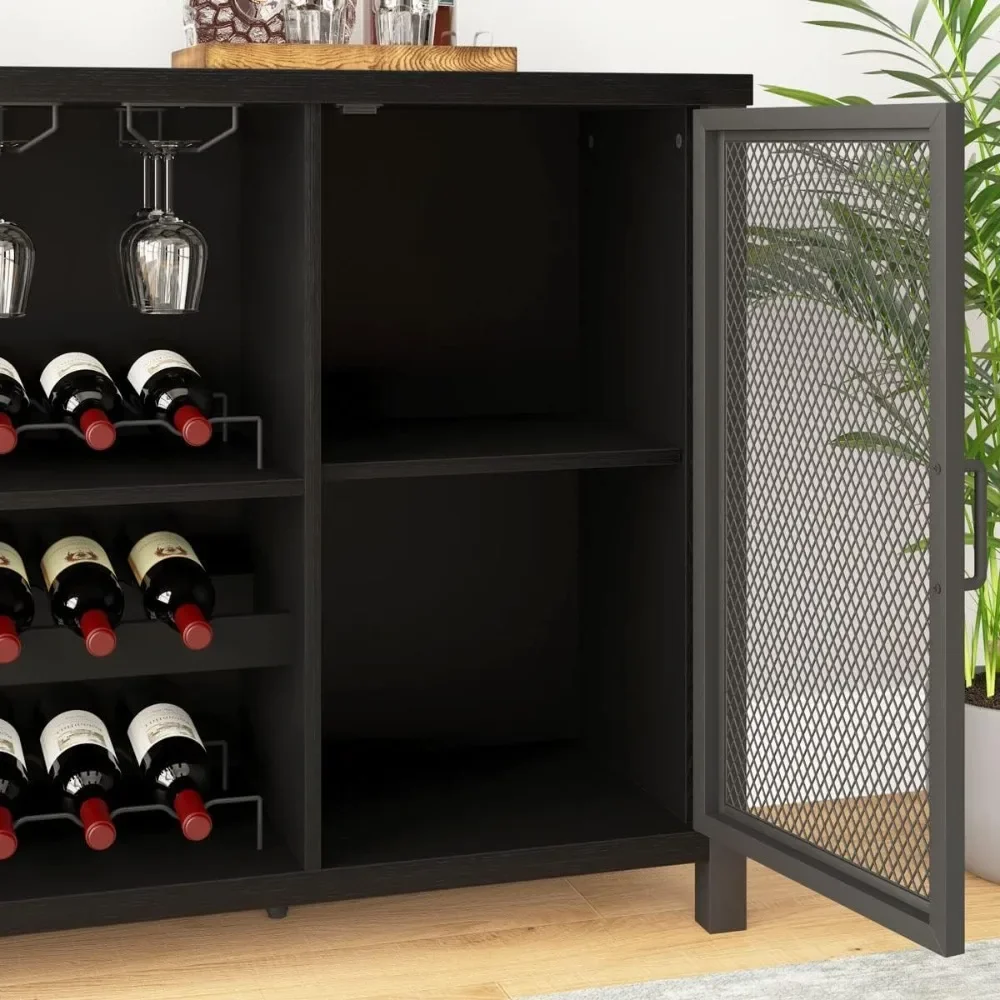 Black Coffee Bar Cabinet, Liquor Cabinet with Wine Rack Storage, Industrial Kitchen Buffet Cabinet for Liquor and Coffee