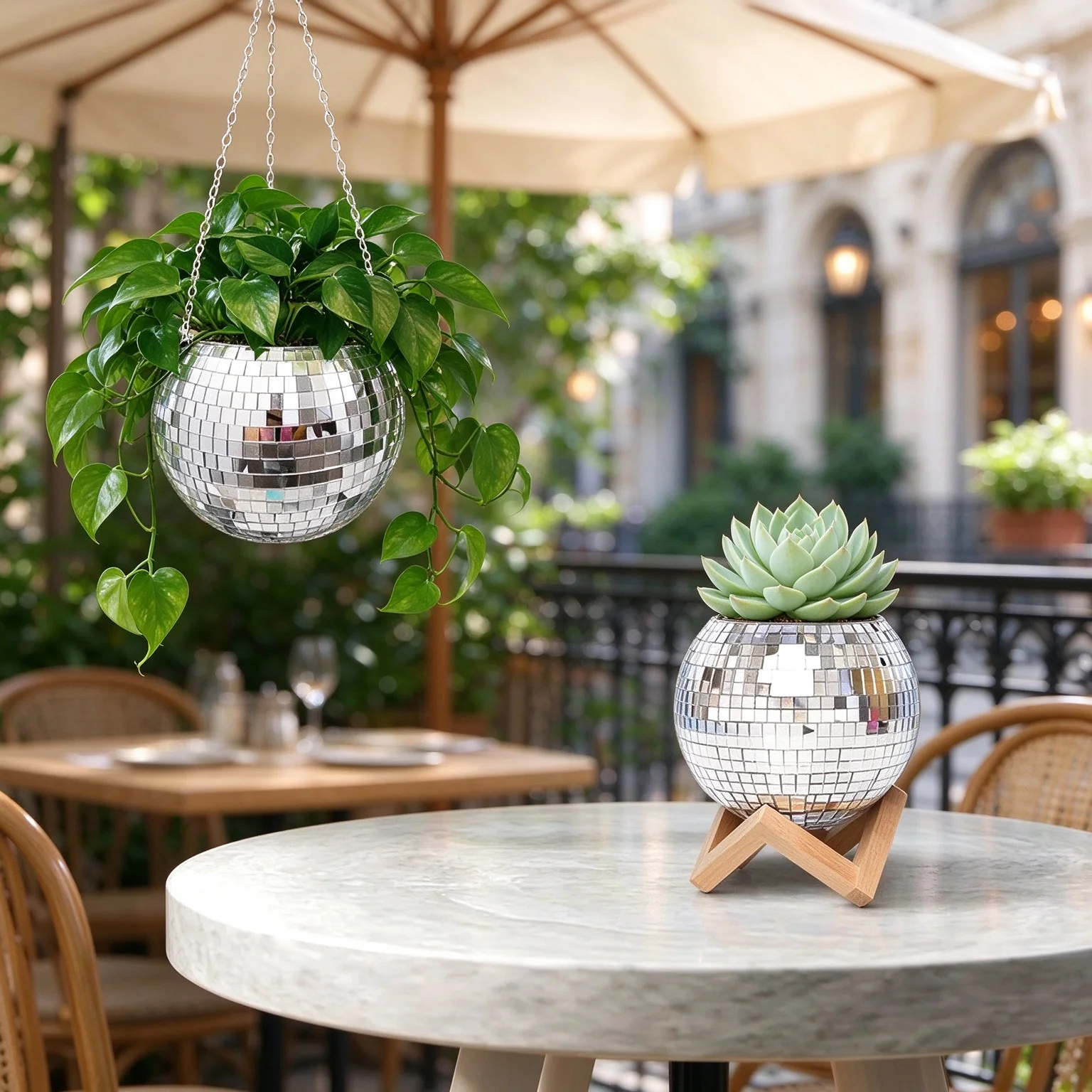 Disco Ball Hanging Planter with Chain, Mirror Flower Pot for Indoor Succulents, Boho Home Decor, Unique Cute Gift for Her