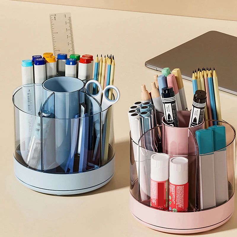 1 PCS Pen Holder Organizer For Desk Cosmetic Organizer 360 Degree Rotating Pencil Holder For Paint Brush Crayon Markers Blue