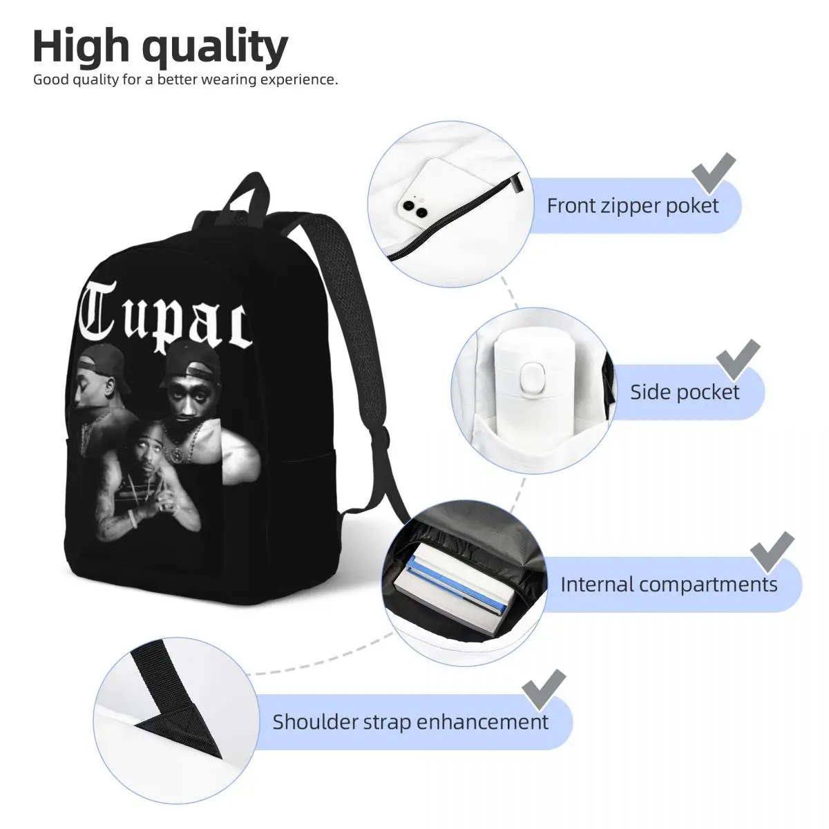 Rapper Tupac Tops 2PAC Fashion Backpack Outdoor High School Hiking Travel Daypack for Men Women Laptop Canvas Bags