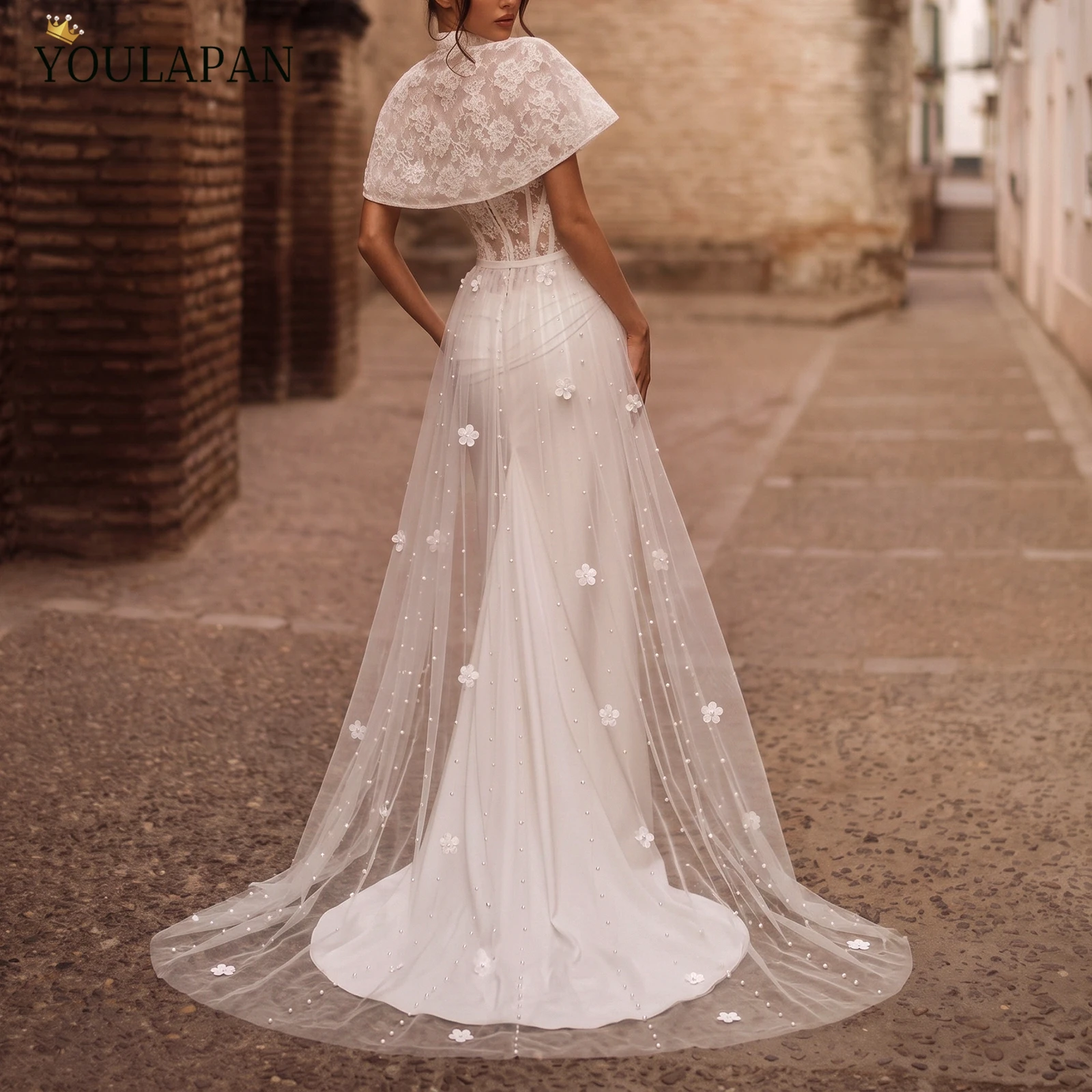 YouLaPan Detachable Wedding Tulle Overskirt Falda De Novia 3D Flower Pearl Beaded Long Bridal Train Skirt VB16