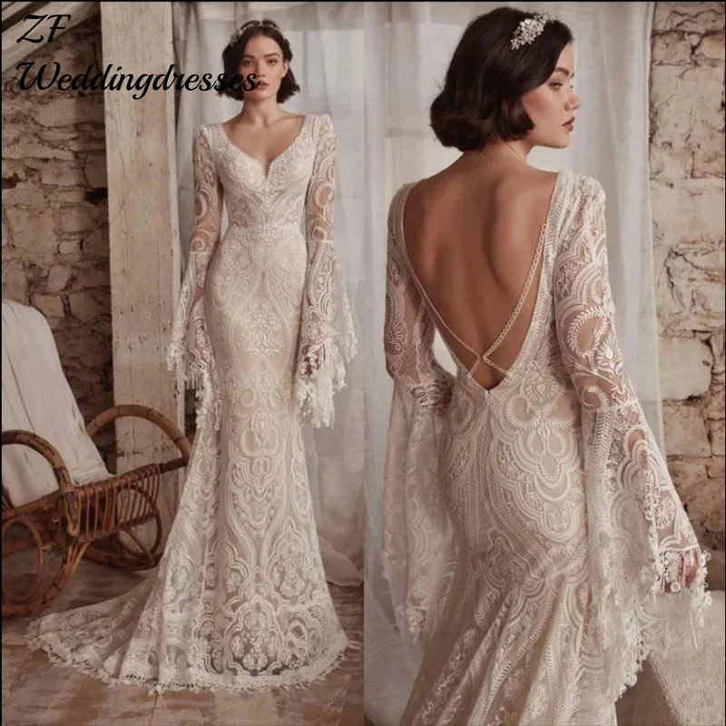 Robe De mariée personnalisée, mode gaine, col en V, manches longues, dos nu, dentelle, robes De mariée