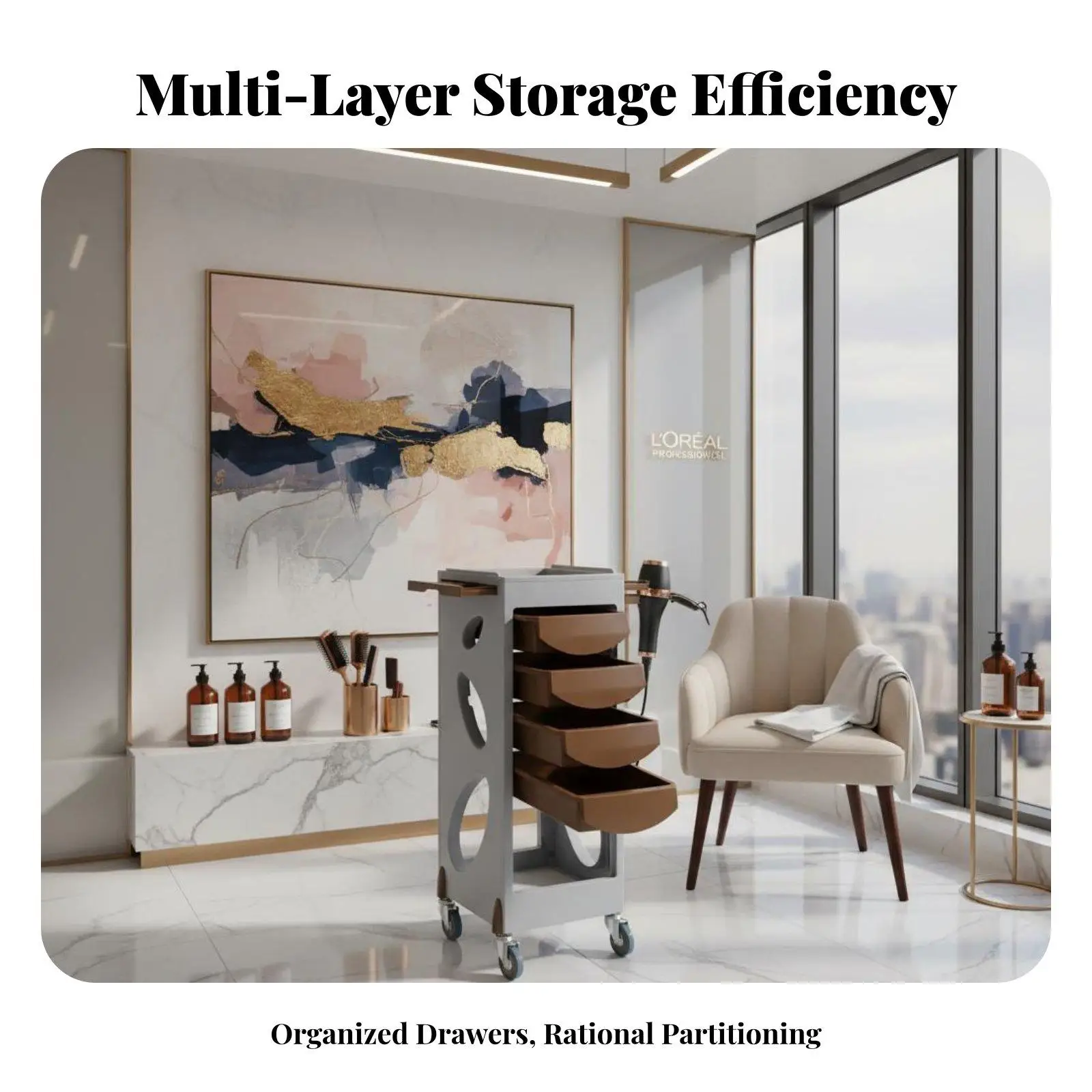Mobile Beauty Trolley for Salon Stylist with Lockable Swivel Casters Heat Resistant Top Shelf Multipurpose Storage Cart for Hair