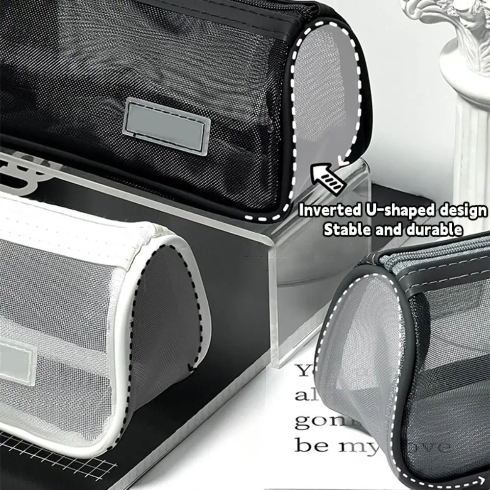 New Mesh Pen Bag U-shaped Stable Base Transparent Stationery Bag Large Capacity Stationery Organizer Students