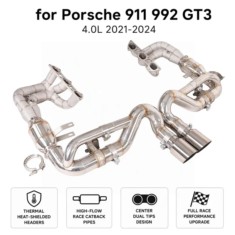 SS304 Insulated Center Exit Exhaust Manifold Header for Porsche 911 992 GT3 2021-2024 4.0L NA Deep Tone Performance Tuning