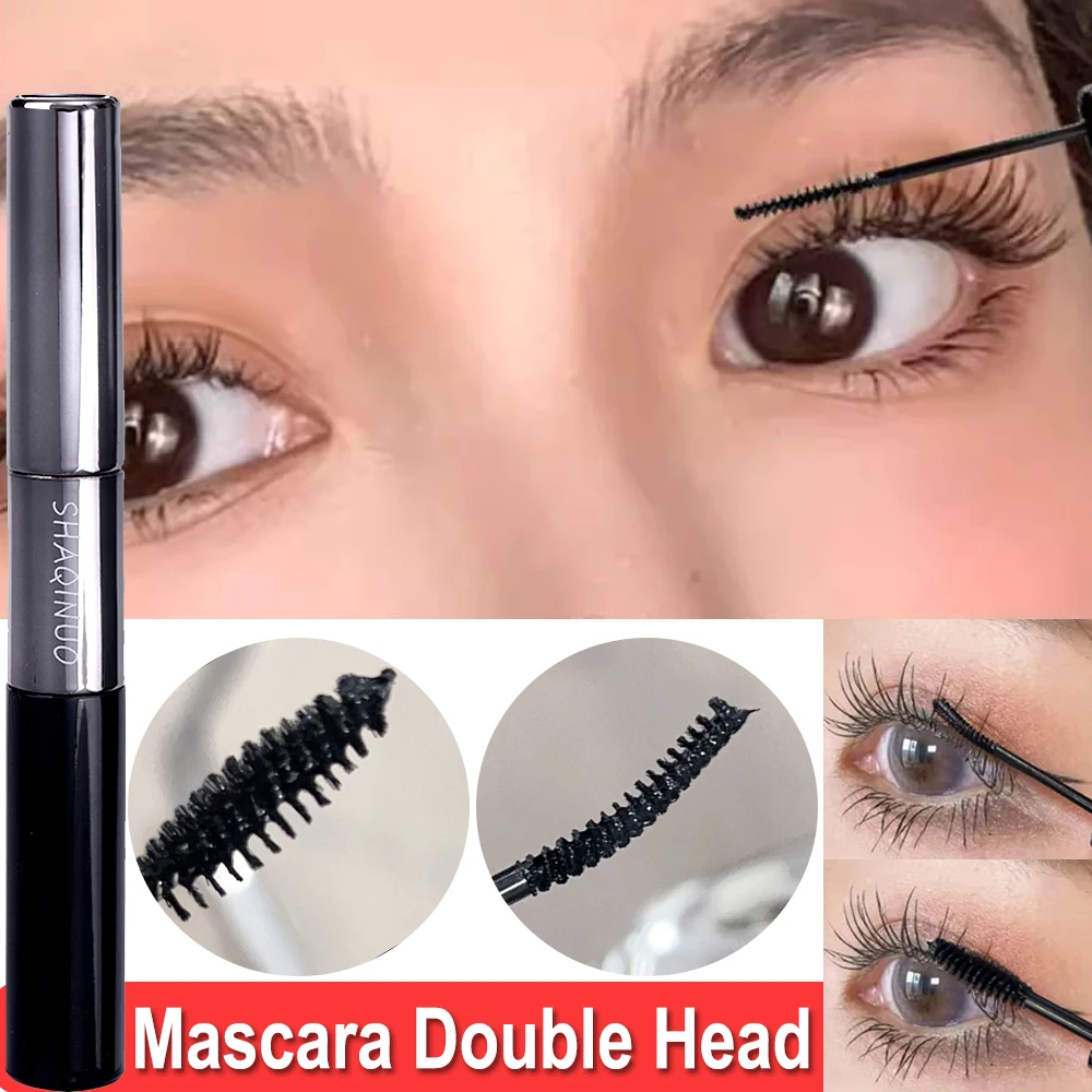 Double Head Lengthening Mascara, Black Eyelash Extension Makeup, Non-Smudge, Natural Curling, Pincel Fino, Anti-Sweat, Brown