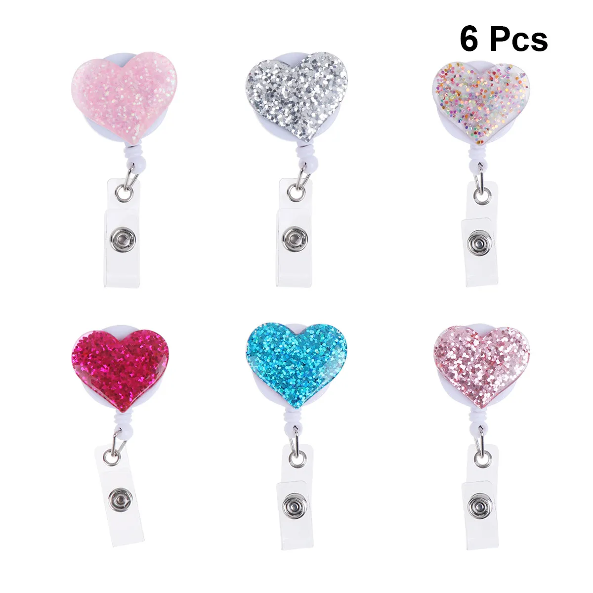 6Pcs Heart Shape Badge Reels Colorful Rhinestone Nurse Id Badge Holder Retractable Clip for Office Nurses Students