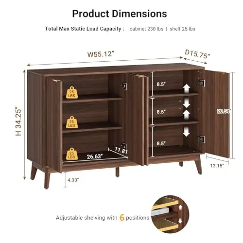 Buffet Cabinet, 55'' Walnut Coffee Bar Cabinet with Storage, Modern Fluted Sideboard Cabinet with Adjustable Shelf &