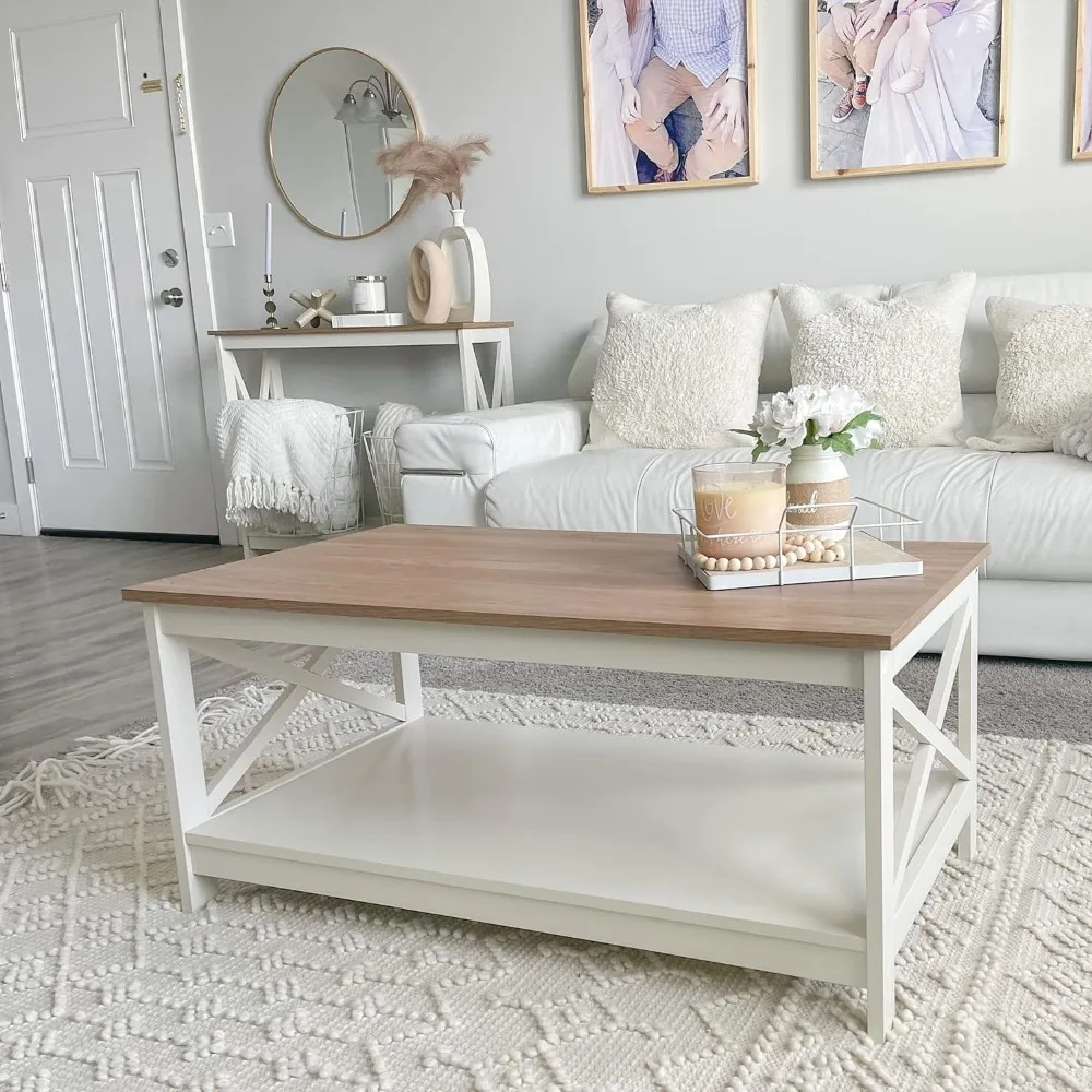 Table basse moderne avec espace de rangement, utilisée pour les étagères du salon à 2 niveaux, ensemble de table basse de ferme