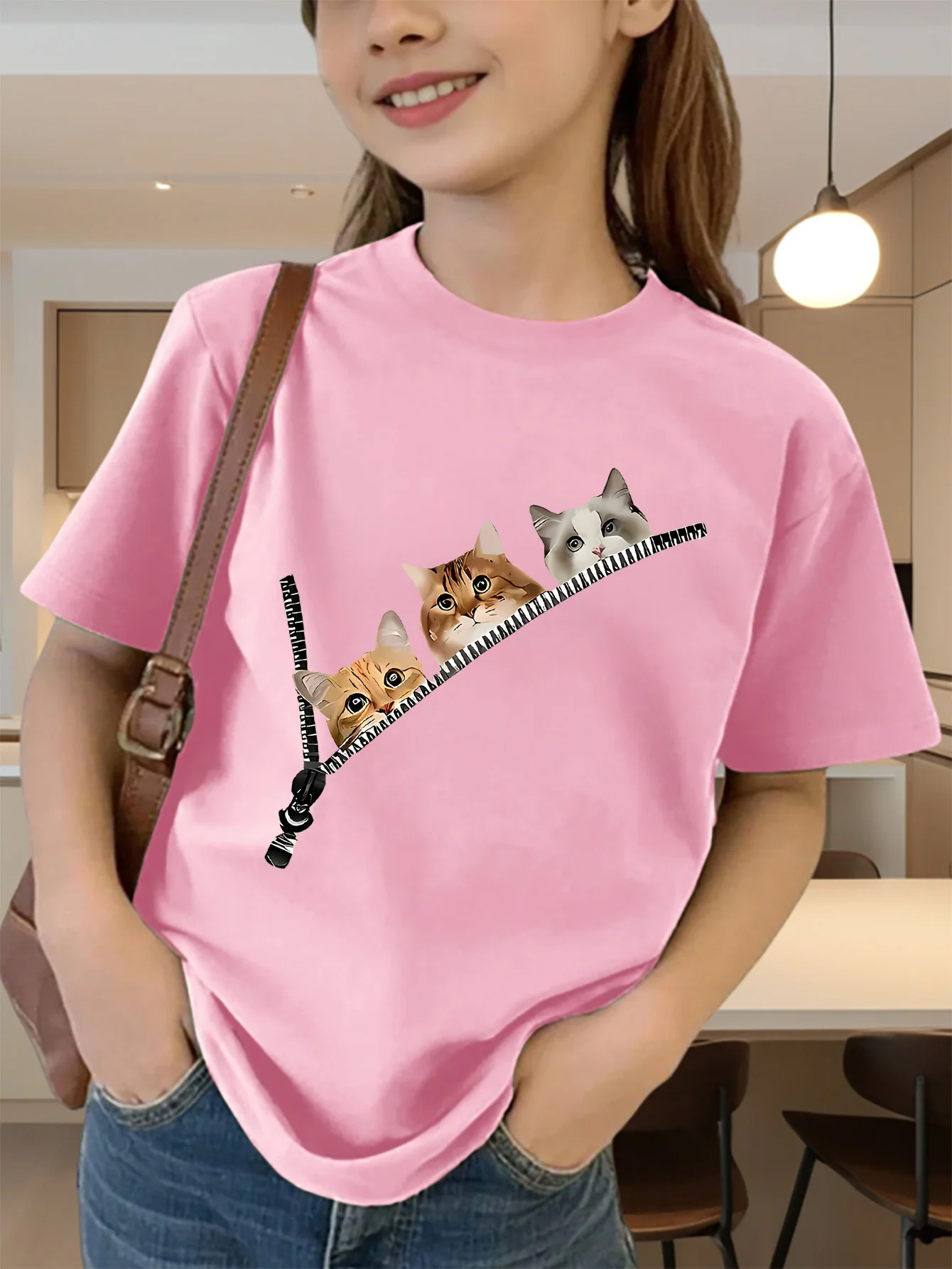 Cute Zipper Cartoon Three Cats Print Graphic Kids Tee Boys Girls Family Matching Cotton Crew Neck Short Sleeve Soft Summer Tee