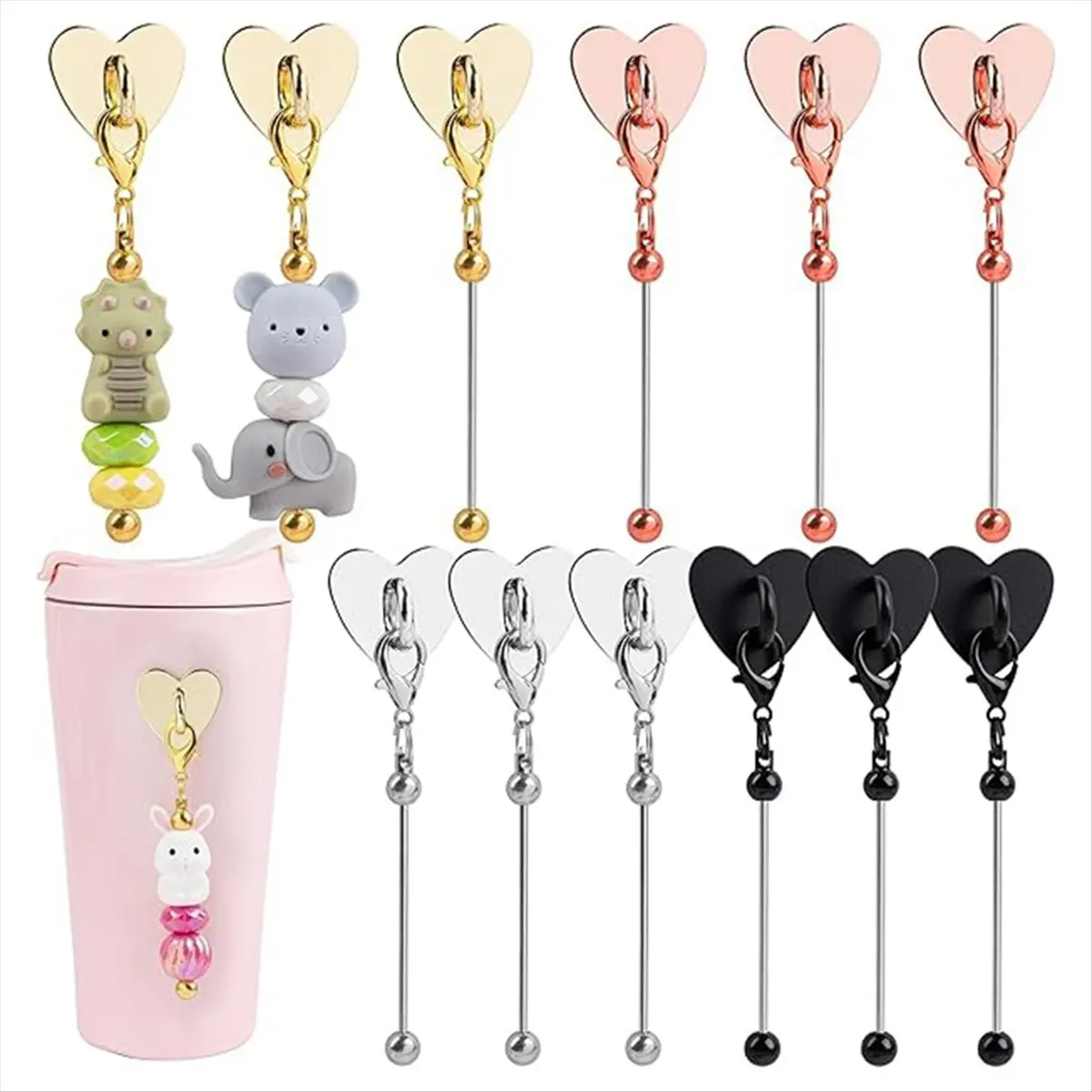 , 12-Pack Beadable Cup Charms with Metal Heart-Shaped Sticker Accessories for DIY Tumbler and Glass Decoration Mix-Color