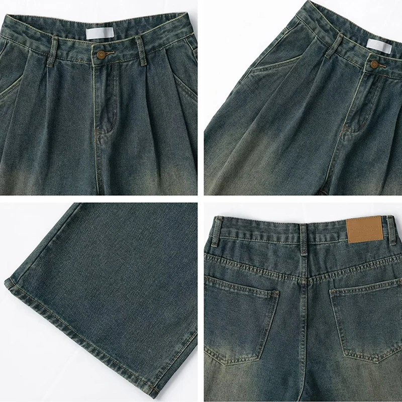 Korean Popular Baggy Jeans Men Y2k Pants Washed Vintage Straight Wide-Leg Pants Hip Hop High Street Bell Bottoms Denim Trousers