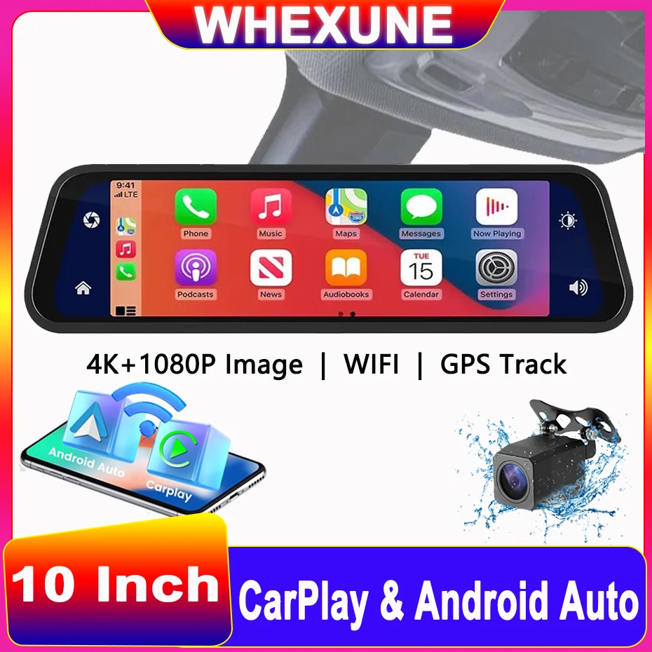 

UHD 4K 2160P Carplay Android Auto Dash Cam Stream Rear View Mirror GPS Navi 5G WIFI Car DVR Video Camera Recorder FM Transmitter