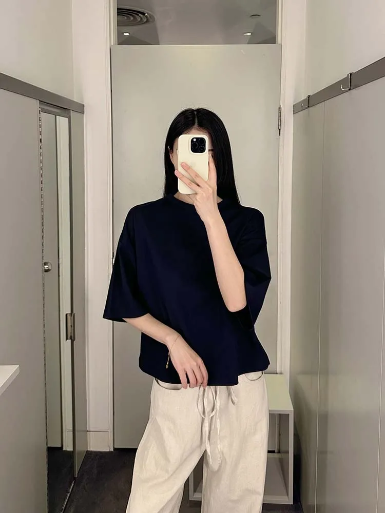 

Bla Loose Fit Casual round Ne Five Sve Pure Color Top New Autumn Women's T-irt Cotton Material Straight Cut Sle