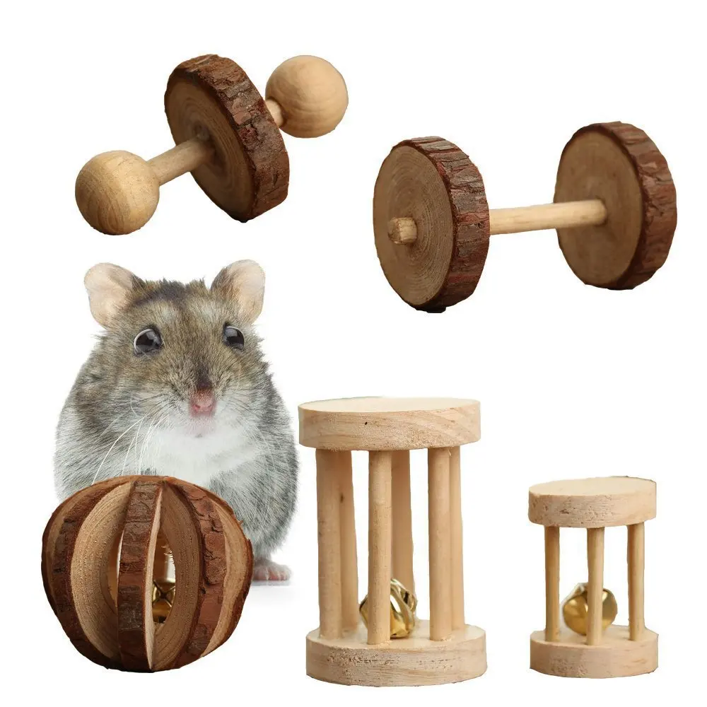 

1PC Cute Natural Wooden Rabbits Toys Pine Dumbbells Unicycle Bell Roller Chew Toys for Guinea Pig Rat Small Pet Molars Supplies